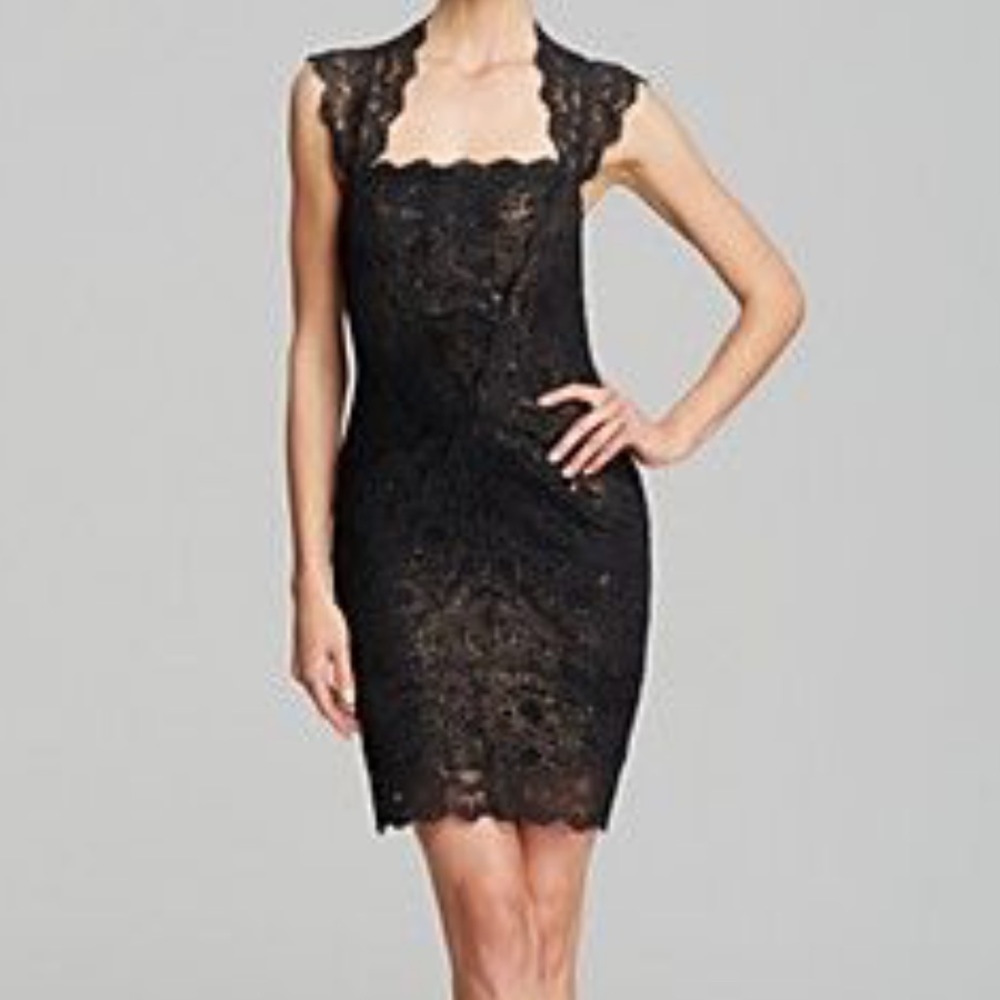Nicole Miller Black Foil Lace Square Neck Dress